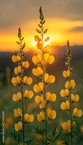 Golden flowers sunset meadow photo