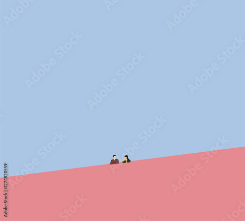 Couple talking on rooftop on urban city pink building under blue sky. Outdoor to relax on holiday vacation