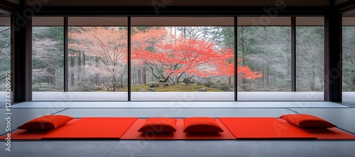 Tranquil japanese room featuring vibrant autumn garden scenery outside