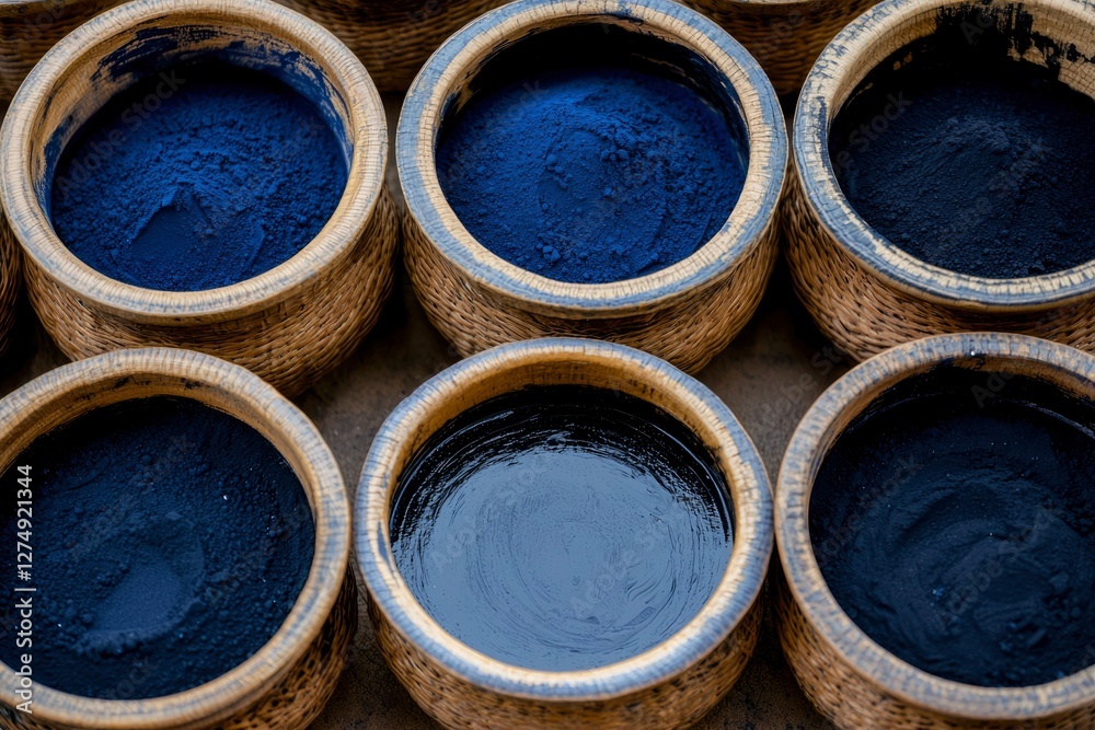 Traditional Indigo Dye in Bowls, Artisan Crafts, Market Display Traditional Indigo Dye in Bowls, Artisan Crafts, Market Display