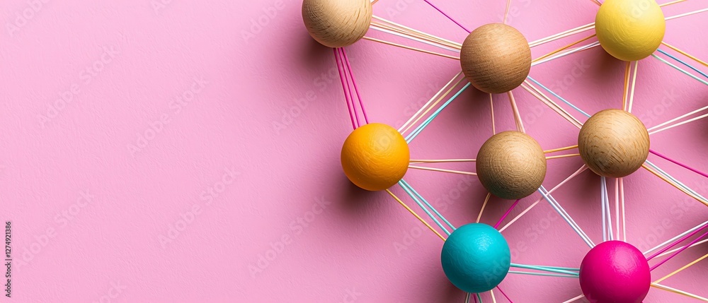 Obraz premium Colorful beads connected by strings on a pink background, symbolizing networking or connections in a creative, playful design. dynamic dimensions perspective angles