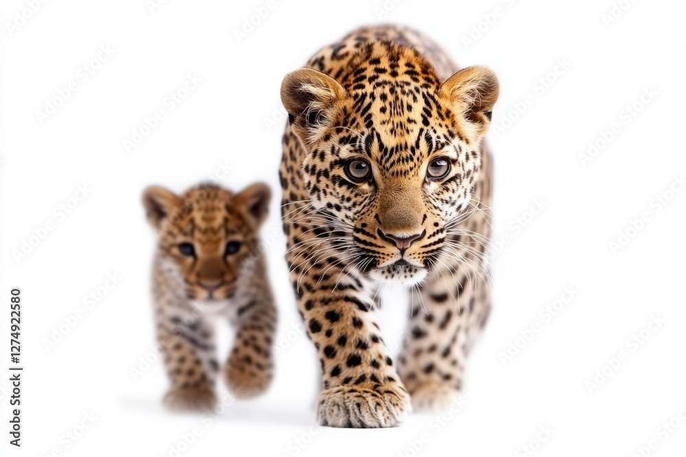 Two leopards cubs walking toward viewer on white background. Possible use Educational/reference material Two leopards cubs walking toward viewer on white background. Possible use Educational/reference material