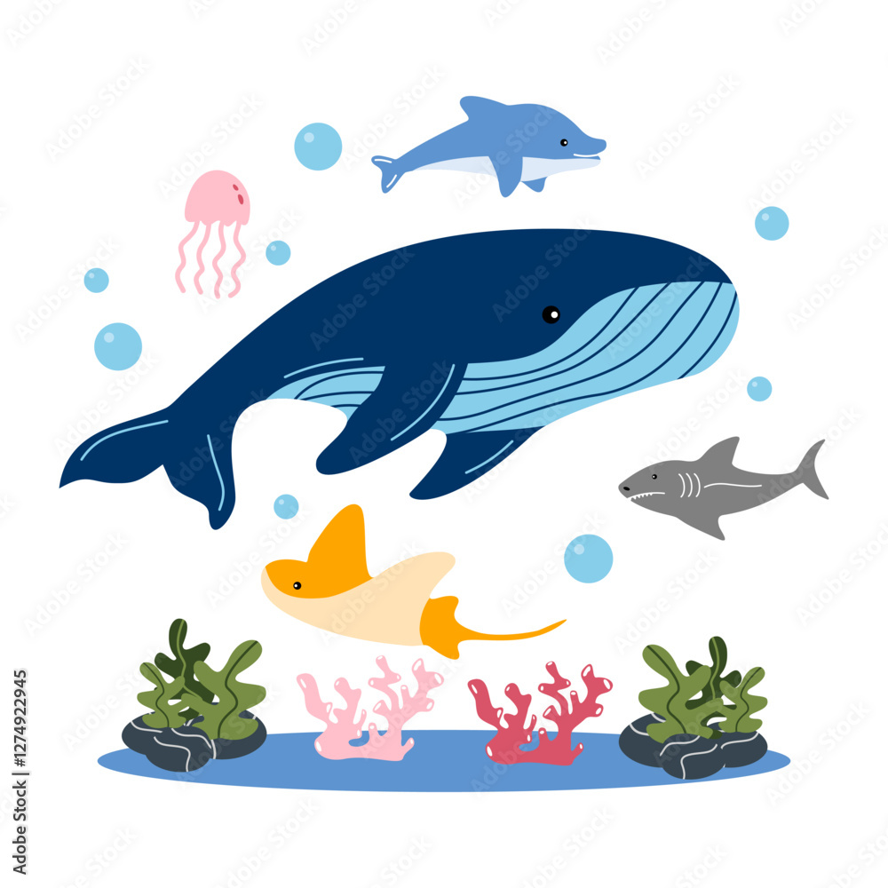 Obraz premium A blue whale swimming in the ocean surrounded by playful dolphins, schools of fish, and jellyfish, showing the diversity and interconnectedness of ocean life.