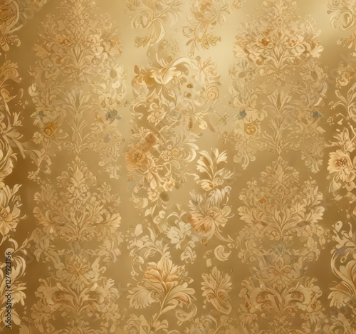 Damask pattern with floral motifs on a subtle gold background, gold,  intricate,  floral