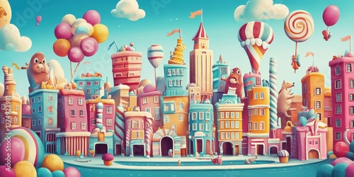 A whimsical candy cityscape floats with charming creatures and sweets