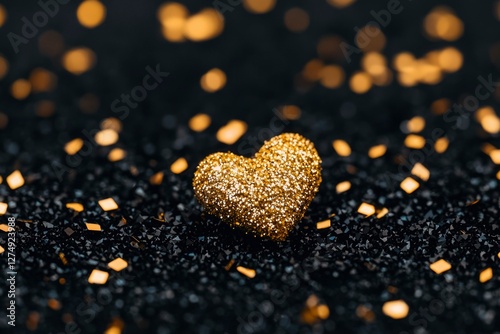 Golden heart on black glitter background, festive, romantic