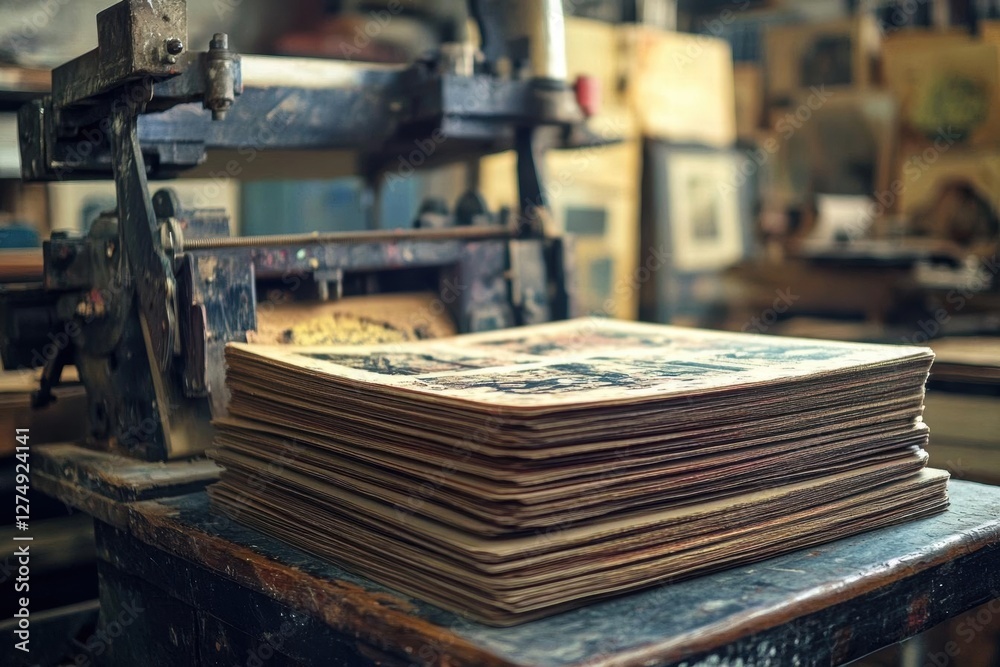 Fototapeta premium Vintage Printing Press and Stack of Papers - A Glimpse into the Art of Printing