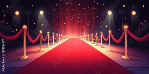 A vibrant red carpet scene illuminated by spotlights