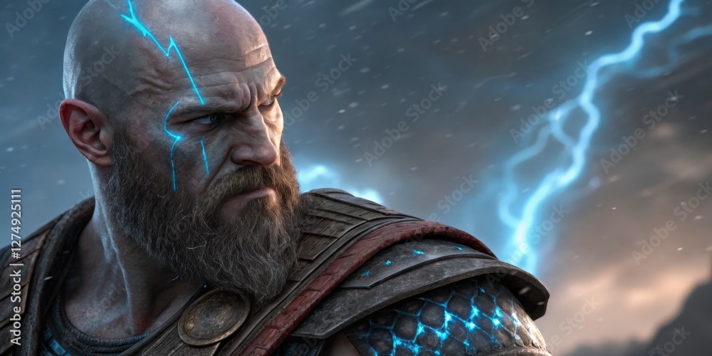 Warrior gazes at impending storm while preparing for battle in a mythical realm with lightning illuminating the sky