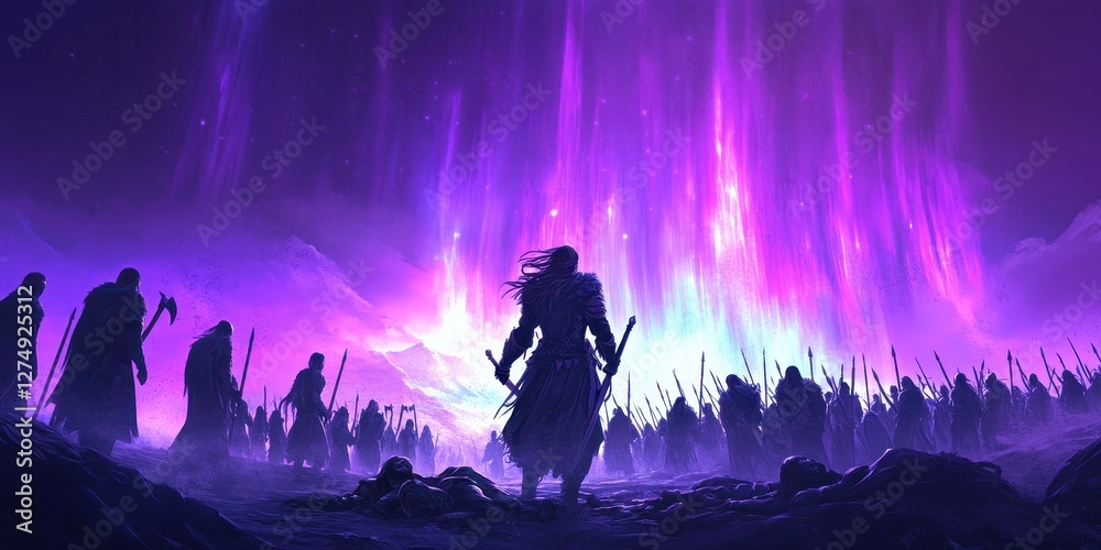 Viking warriors stand beneath a dazzling display of aurora borealis Viking warriors stand beneath a dazzling display of aurora borealis