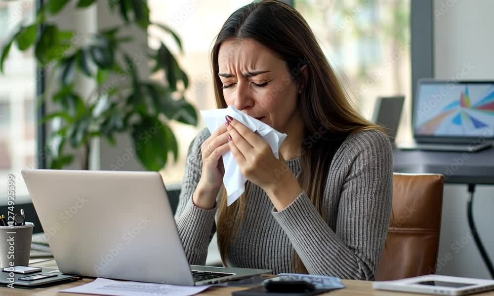 Sick Woman at Work, Sneezing and Using Tissue Sick Woman at Work, Sneezing and Using Tissue
