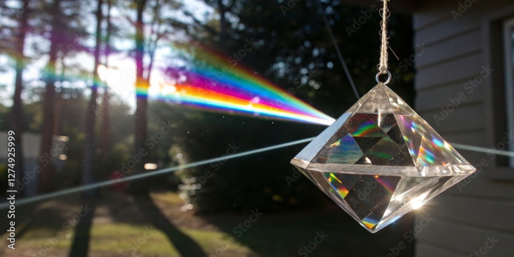 Crystal prism refracting sunlight into vibrant rainbow colors in a serene outdoor setting during late afternoon
