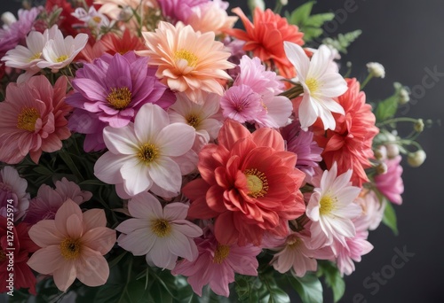 Delicate petals unfolding from a vibrant bouquet, floral arrangement, floral art, colorful flowers