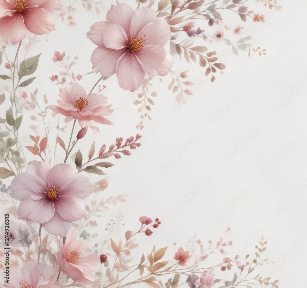 Fototapeta premium Delicate watercolor floral swirls on a soft white background , serene, pastel, organic