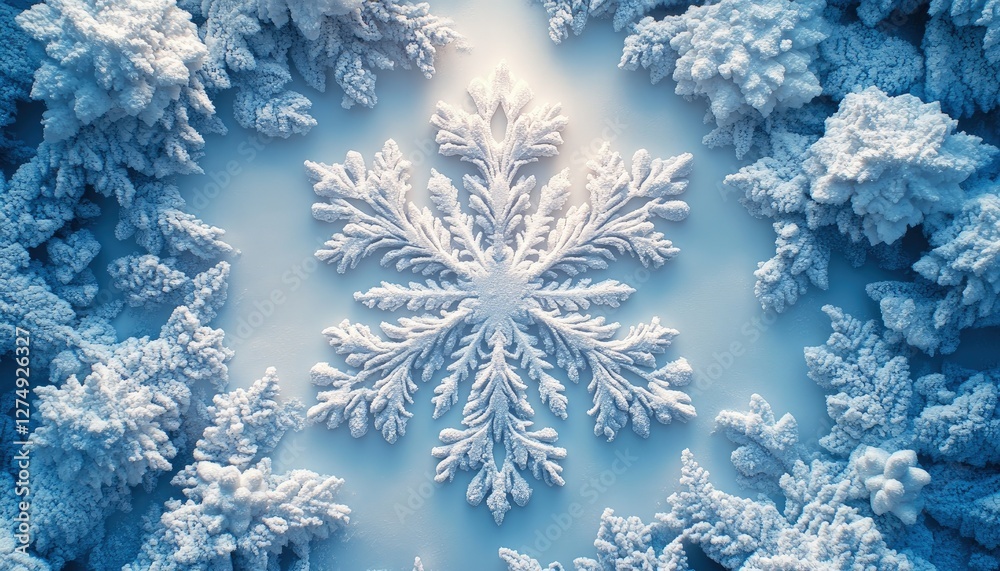 Intricate snowflake design surrounded by delicate frost patterns on a serene winter background Intricate snowflake design surrounded by delicate frost patterns on a serene winter background