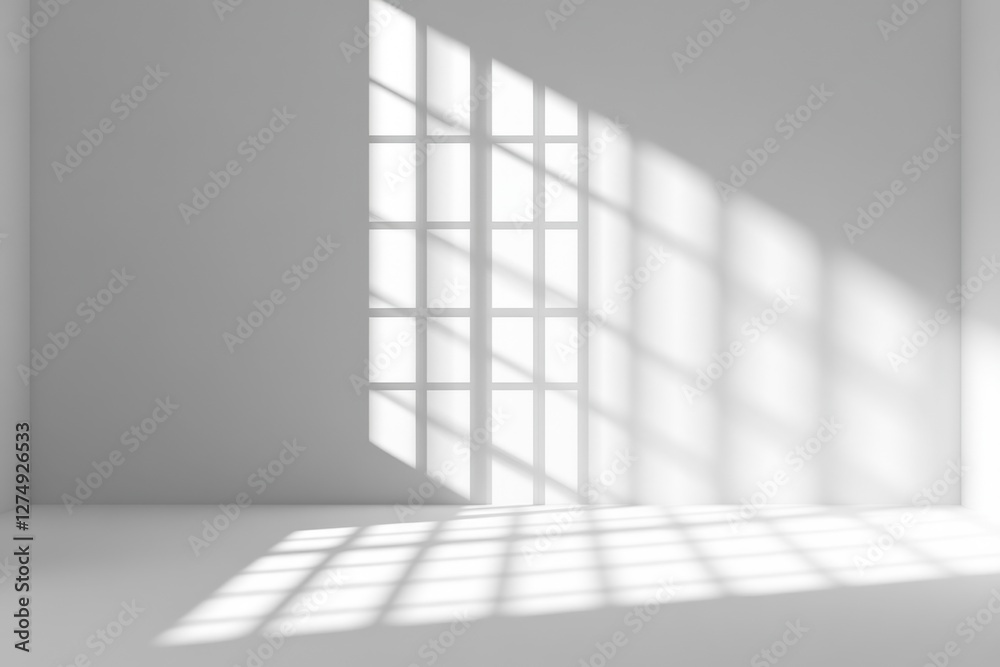 Sunlight streams through window, casting shadows on minimalist white room's floor and wall, ideal for product display Sunlight streams through window, casting shadows on minimalist white room's floor and wall, ideal for product display