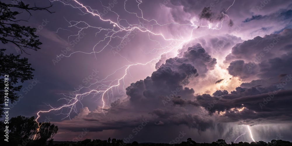 Powerful lightning strikes illuminate stormy sky over rural landscape during evening hours