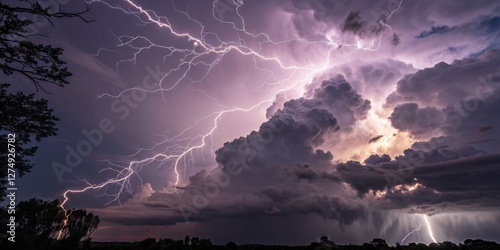 Obraz na płótnie Powerful lightning strikes illuminate stormy sky over rural landscape during evening hours w salonie