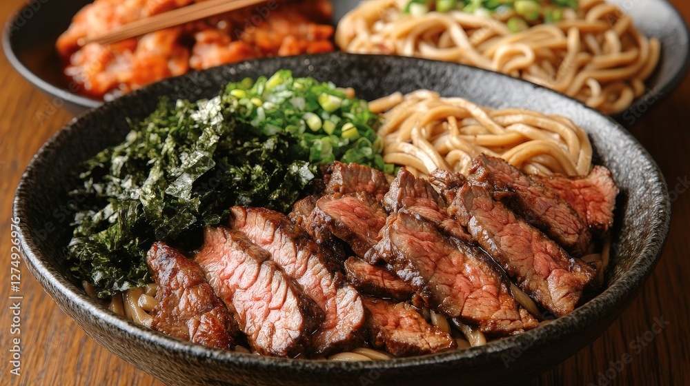 A bowl of noodles topped with sliced steak, seaweed, and green onions, served with side dishes. A bowl of noodles topped with sliced steak, seaweed, and green onions, served with side dishes.
