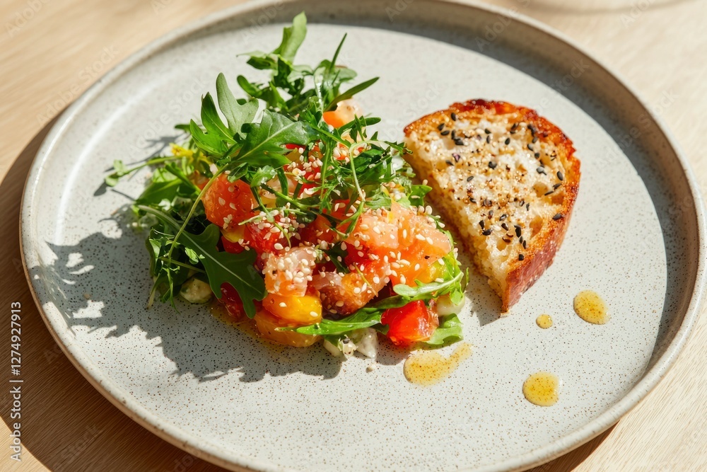 Salmon salad with arugula and bread on a plate, sunny day. Food photography Salmon salad with arugula and bread on a plate, sunny day. Food photography