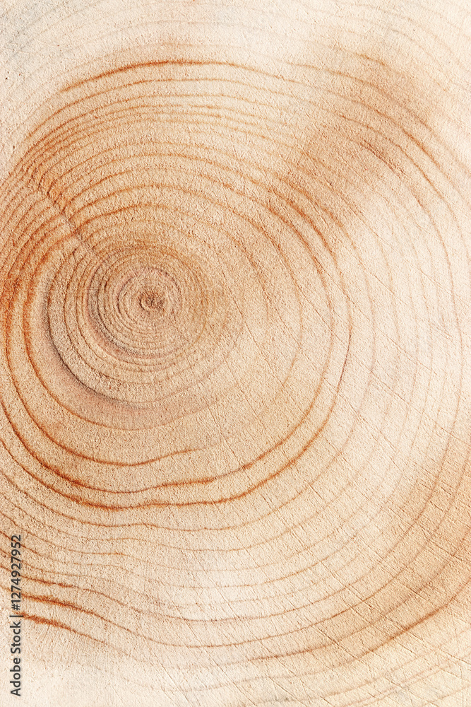 Naklejka premium Slice of wood timber with juniper tree rings, natural geometric pattern, abstract nature background. Natural wooden organic textures and shapes, monochrome brown beige gradient, vertical format