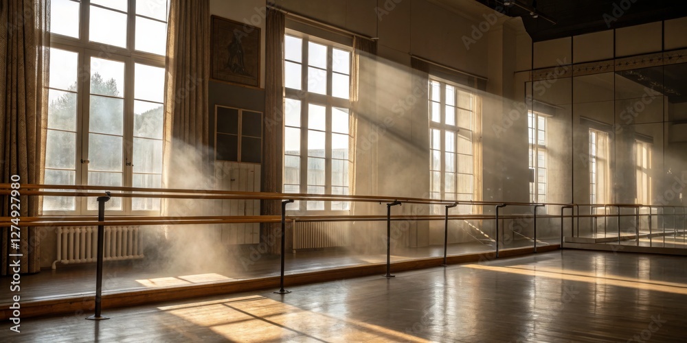 Natural light illuminates a serene dance studio with wooden flooring and large windows during early morning hours
