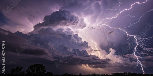 Obraz na płótnie Dramatic lightning strikes through dark storm clouds over a rural landscape during an evening thunderstorm w salonie