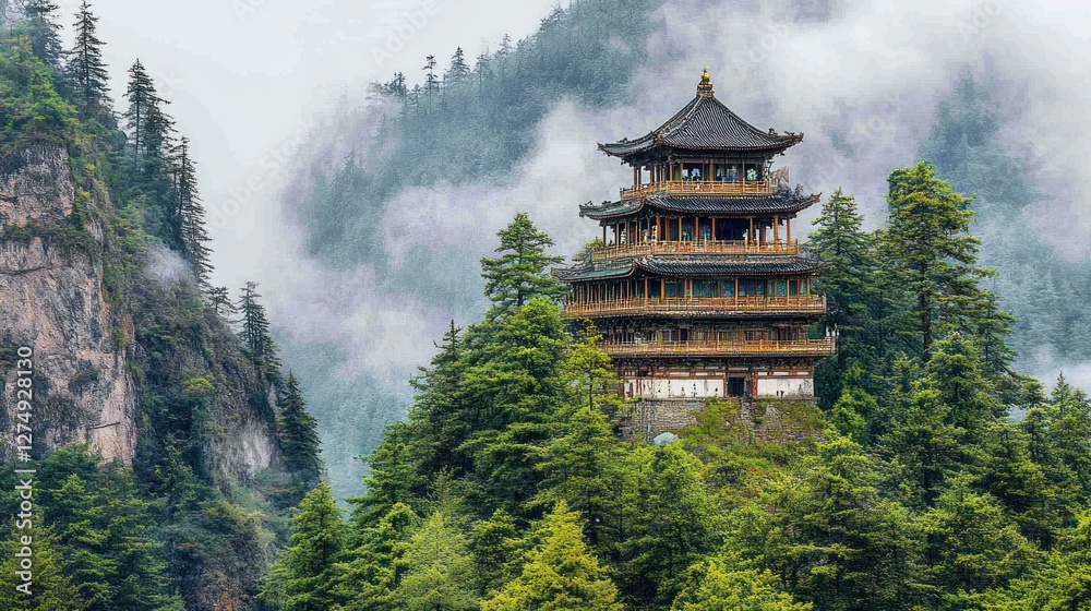 Majestic Pagoda nestled amidst misty mountain forests Majestic Pagoda nestled amidst misty mountain forests