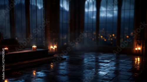 Dark Fantasy Throne Room Interior with Candlelight and Gothic Architecture
