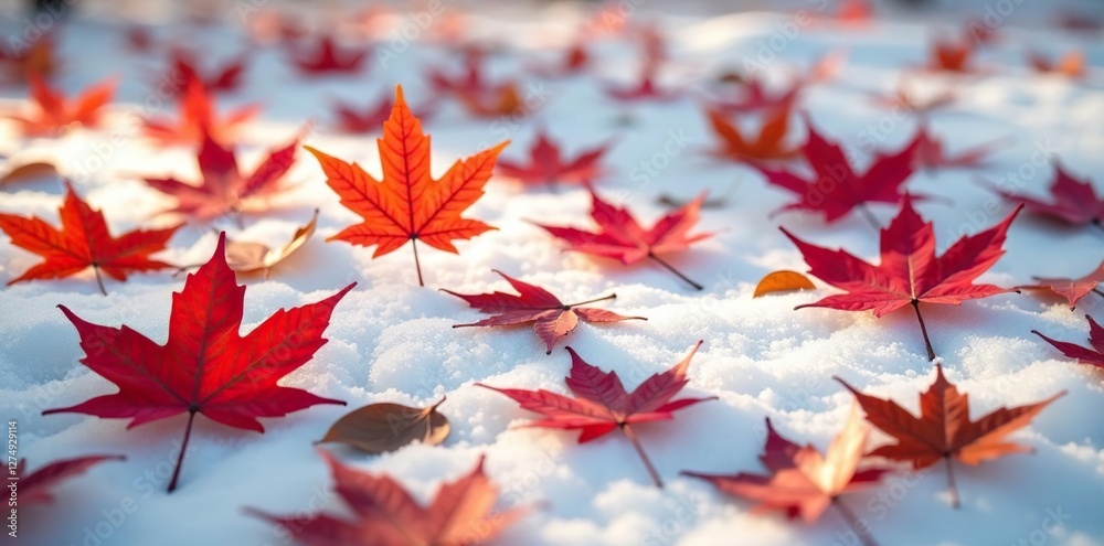 Red maple leaves scattered on the ground with no path in sight, brown leaves, autumn leaves, snowy ground Red maple leaves scattered on the ground with no path in sight, brown leaves, autumn leaves, snowy ground