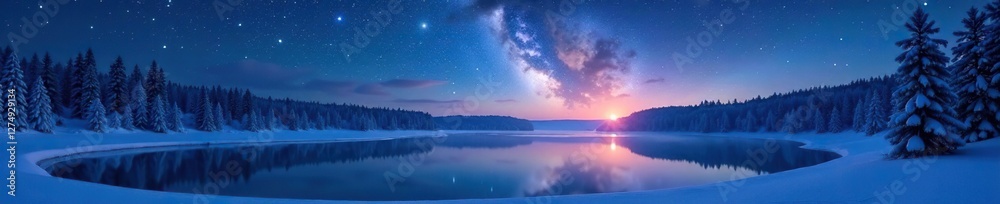 Fototapeta premium Starry night scene with a frozen lake and snowy trees, frosty, lake