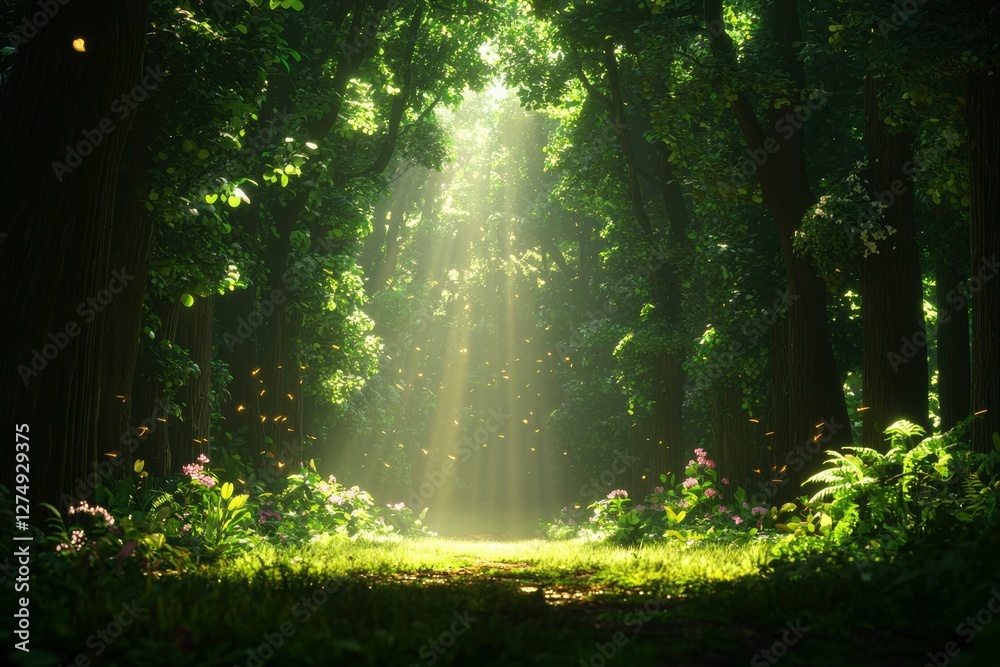 Obraz premium Sunlight path through lush forest
