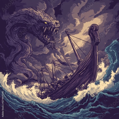 Wallpaper Mural Vikings on a ship encounter a sea serpent monster Torontodigital.ca