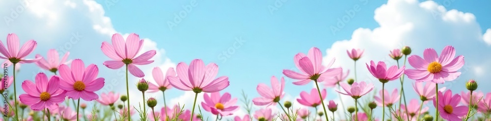 Soft pink cosmos petals scattered on a light blue sky background, with a few fluffy white clouds, garden, floral Soft pink cosmos petals scattered on a light blue sky background, with a few fluffy white clouds, garden, floral