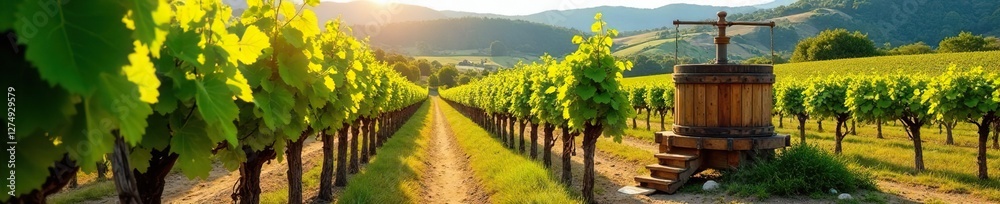 Sunny vineyards with Malvasia grapevines and a wooden wine press, italian countryside, marsala, malvasia Sunny vineyards with Malvasia grapevines and a wooden wine press, italian countryside, marsala, malvasia