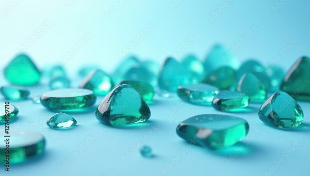 Blue and green glass shards scattered on a light blue, broken glass, crystal fragments, light blue background Blue and green glass shards scattered on a light blue, broken glass, crystal fragments, light blue background