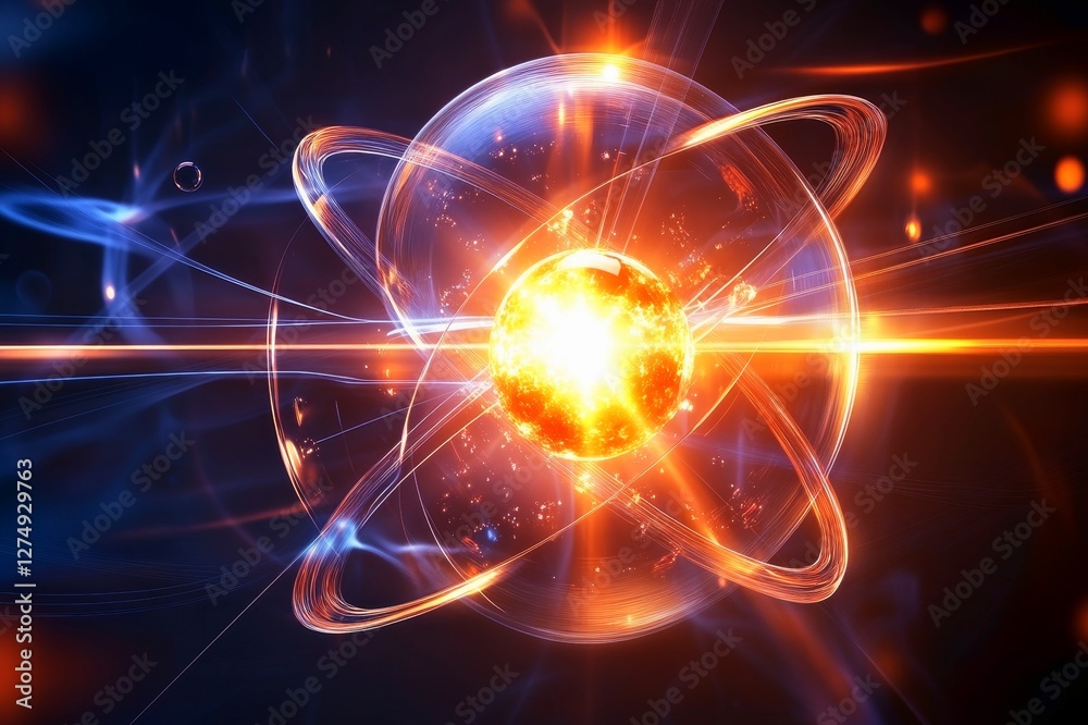 Obraz premium Electrons orbiting a nucleus in a physics model.