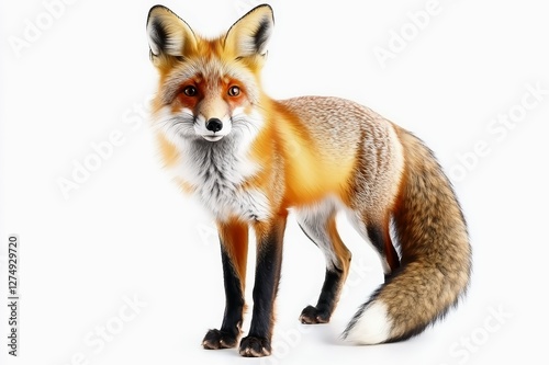 Alert red fox with bushy tail standing with ears perked on a white background. photo