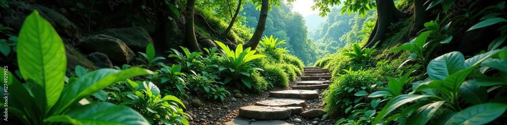 Obraz premium Jungle stone path meandering through the undergrowth, steep, rocky, meander