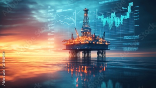Wallpaper Mural Offshore oil rig with financial data overlay showcasing energy market dynamics and global trade influences Torontodigital.ca