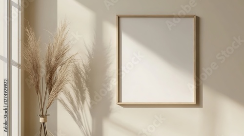 Blank Frame Mockup on Beige Wall with Plant and Window Light