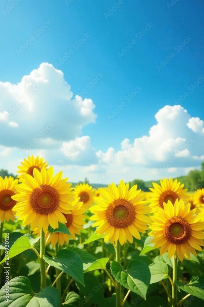 Sunflowers against a bright blue sky with fluffy white clouds, autumn, field Sunflowers against a bright blue sky with fluffy white clouds, autumn, field