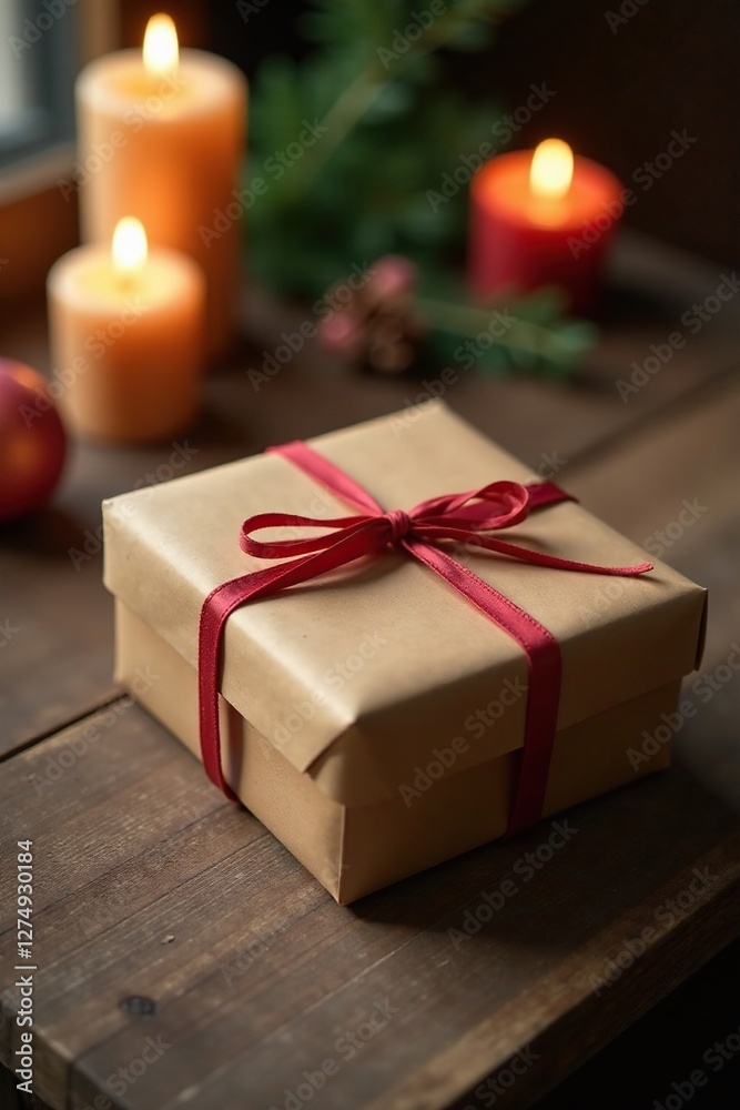 Wrapped gift box on a rustic wooden table with candles, brown kraft paper, soft light Wrapped gift box on a rustic wooden table with candles, brown kraft paper, soft light