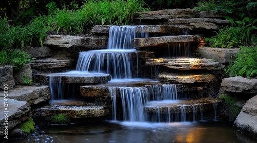 Serene Waterfall Cascading Over Natural Stone Steps in a Lush Green Landscape