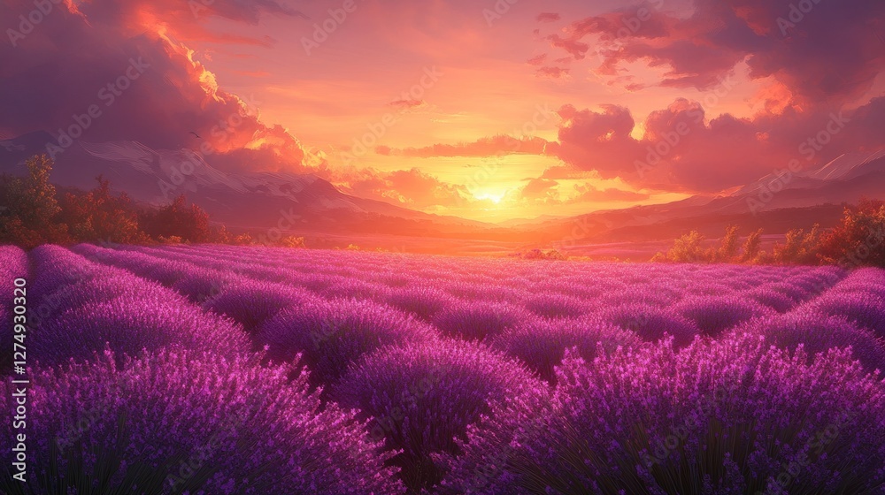 Sunset over lavender field, mountains background, nature scene, peaceful landscape Sunset over lavender field, mountains background, nature scene, peaceful landscape