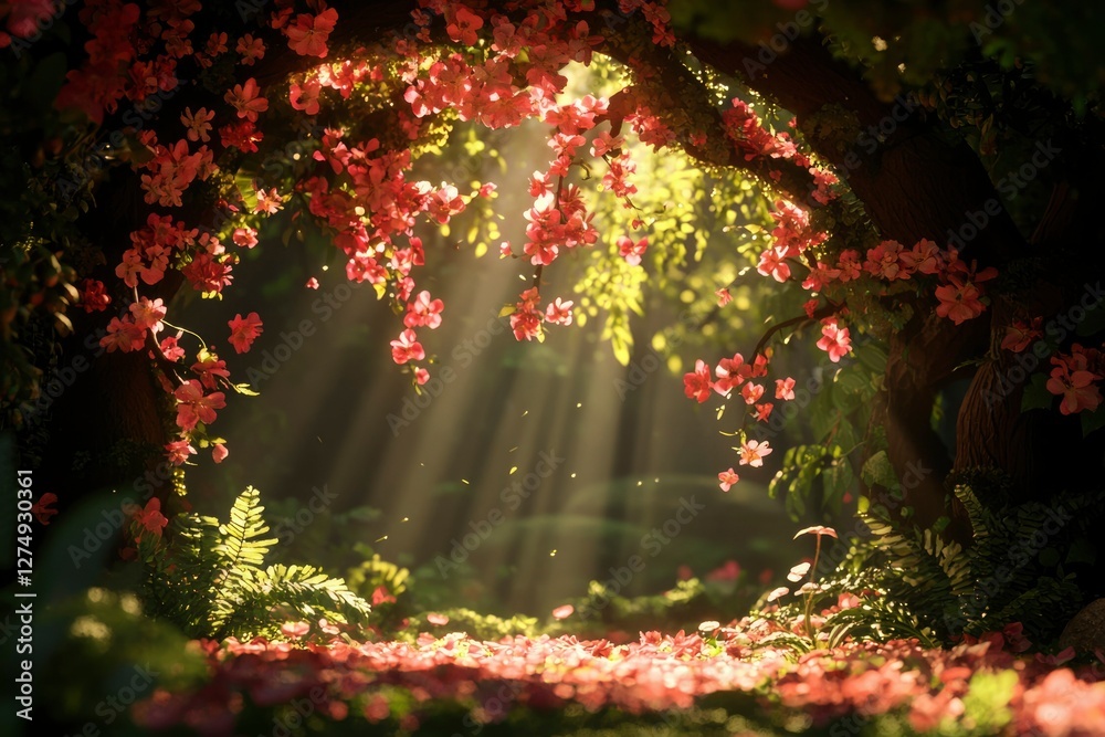 Sunlit blooms in a forest tunnel, petals scattered, serene backdrop, for a poster Sunlit blooms in a forest tunnel, petals scattered, serene backdrop, for a poster