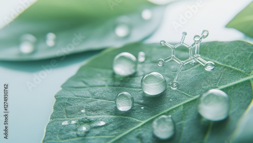 Green leaf, water drops, molecule model, nature backdrop, skincare photo