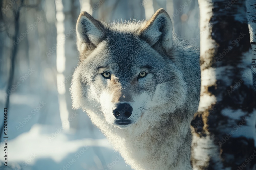 Majestic wolf portrait, snowy birch forest background. Wildlife photography for nature documentaries Majestic wolf portrait, snowy birch forest background. Wildlife photography for nature documentaries