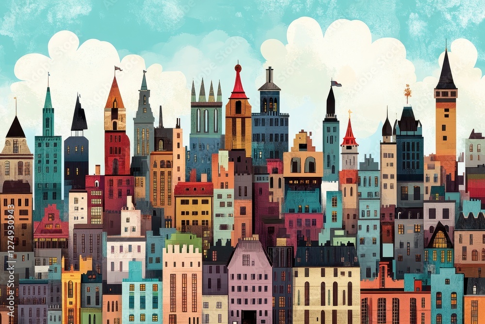 Fototapeta premium Colorful illustrated cityscape featuring various buildings against a cloudy sky