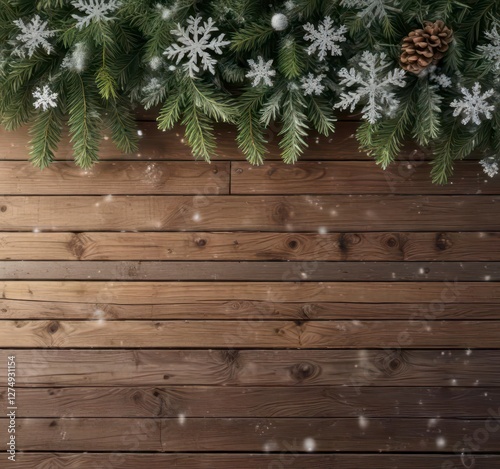 Fir branches with snowflakes gently falling on a wooden background,  Cozy Ambiance,  Festive Season,  New Year